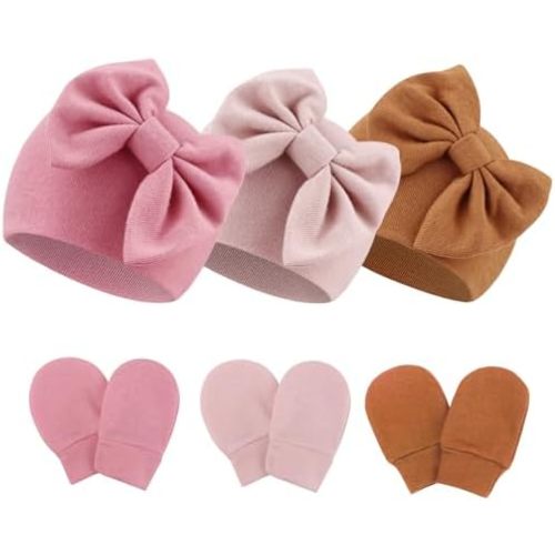 Newborn Baby Hats and Mittens Set Infant Bow Beanie Cap Toddler Gloves Newborn Hospital Hats for Baby Boy Girl 0-12 Months