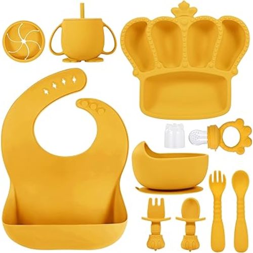 Silicone Baby Feeding Set, 10 Pcs Baby Led Weaning Supplies Suction Bowl Divided Plate Baby Bibs Fruit feeder Pacifier Baby Spoons Forks Sippy Cup Utensil Sets Baby Essentials for Newborn Gift Yellow