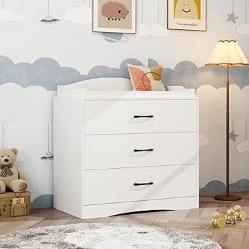 3 Drawer Nursery Dresser, Baby Dresser with Changing Topper, Small Dresser for Infant Diaper Storage, Changing Station for Nursery and Kids Bedroom, White (35.4" W x 19.7" D x 35.4" H)