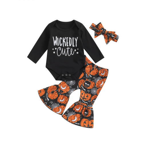 Newborn Baby Girl Halloween Outfits Long Sleeve Romper Tops Pumpkin Bell-Bottom Flare Pants Headband Infant Fall 3Pcs Clothes Set