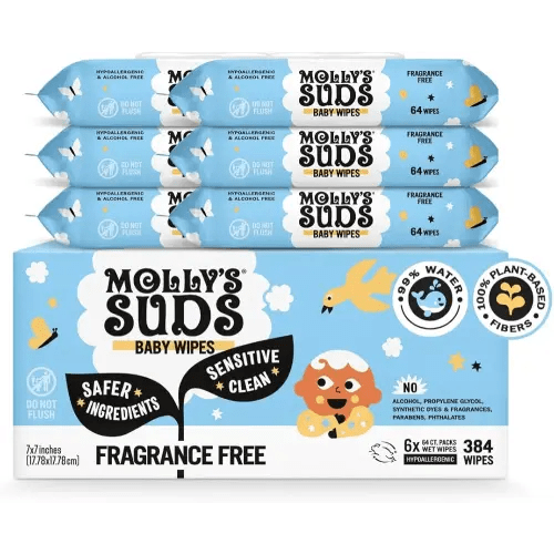 Molly's Suds Sensitive Clean Baby Wipes | 99% Water, Plant-Based, Fragrance Free | 384 Total Wipes (6 Flip-Top Packs)
