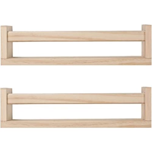 Nursery Floating Book Shelves for Kids Room, Kitchen Spice Rack, or Rustic Wall Mounted Shelves for Farmhouse Bathroom Decor (Natural Wood),Set of 2
