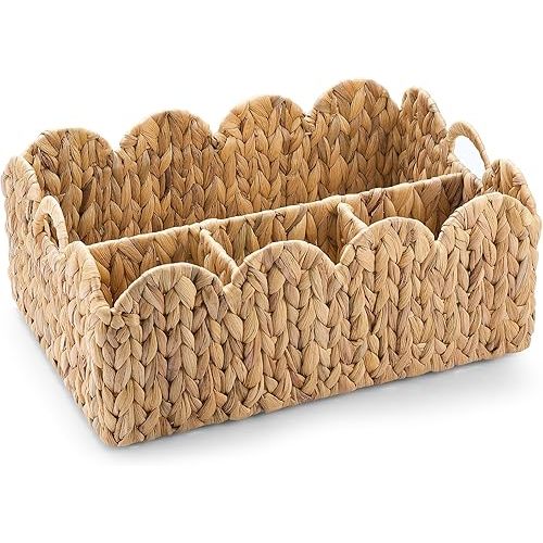 Acellegic Scalloped Edge Wicker Basket Divided Storage Hand Woven Rattan Basket Tray for Bathroom Bedroom Kitchen Shelves Office Decor Organization(4 Compartments,Natural,Water Hyacinth)