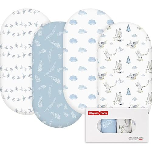 Gllquen Baby Bassinet Sheets 4 Pack, Breathable Cozy Fitted Mattress Sheet, Elastic Travel Crib Fashionable Floral Pattern, Standard Cradle Safe Sheets for Baby Boy Girls 32"X16" (Pigeon)