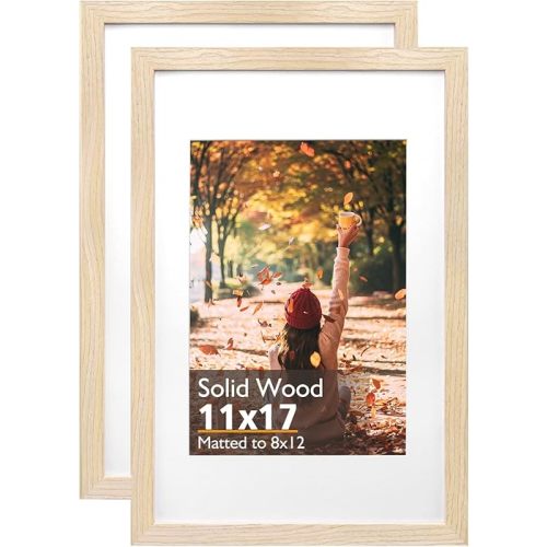 KINLINK 11x17 Picture Frame Natural, Solid Wood Frames with Acrylic Plexiglass for Pictures 8x12 with Mat or 11x17 without Mat Wall Mounting Display, Set of 2