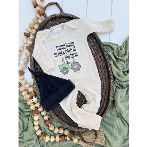 Going home to take care of the farm footie and hat set, farm baby coming home outfit