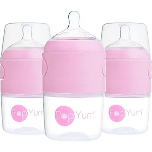 PopYum 5 oz Pink Anti-Colic Formula Making/Mixing/Dispenser Baby Bottles, 3-Pack with #1 Slow Flow Nipples, 150 ml, BPA-Free, Natural Latch