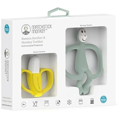 Matchstick Monkey Teething Gift Set for Babies – Includes Banana Soother & Monkey Teether, Easy-to-Grip BPA-Free Silicone for Teething Relief & Oral Development, 3 Months+, Mint Green