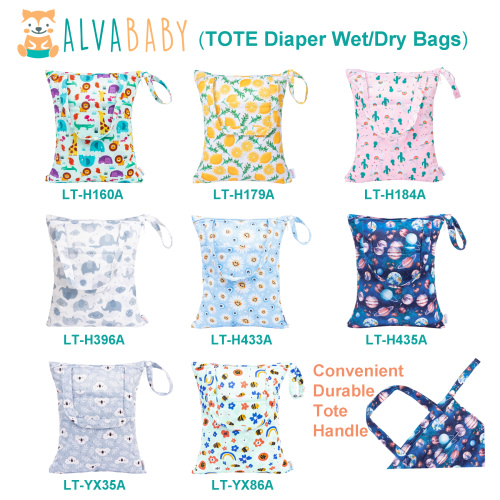 (Various Patterns) Regular Tote Diaper Wet Dry Bags with Durable Handle Double Zippered Pockets Cloth Diaper Wet Bags Tote Bags