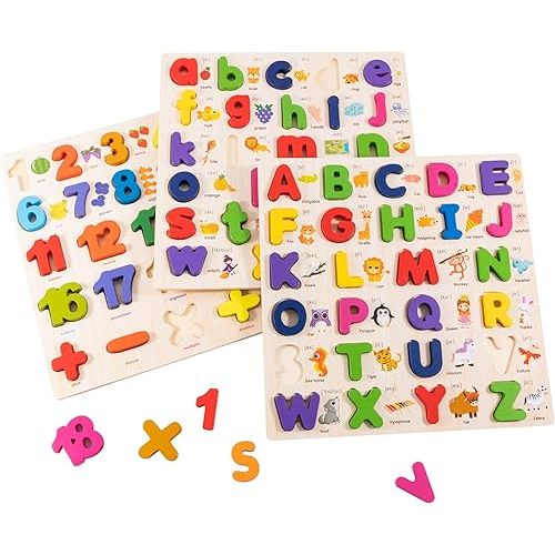 Wooden Alphabet Puzzle for Toddlers, 3 in 1 Lower Case Alphabet Letter Puzzles ABC Uppercase & Lowercase & Number Puzzle Set for Preschoolers Kids Ages 3-5 Alphabet Learning Educational Toy