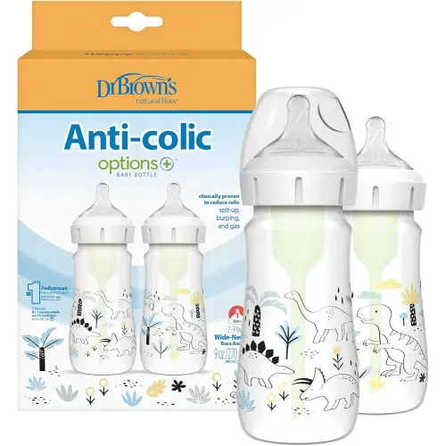 Dr. Brown's Natural Flow® Anti-Colic Options+™ Wide-Neck Baby Bottle Designer Edition Bottles, Dino Decos, 9oz/270mL, Level 1 Nipple, 2-Pack, 0m+