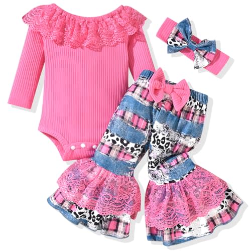 HINTINA Newborn Baby Girl Short Sleeve Bodysuit Flared Pants Ribbed Outfits