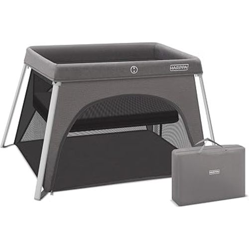 HARPPA Travel Crib with Comfy Mattress, Lightweight Portable Crib Requires No Assembly, Foldable Pack and Play for Baby and Toddlers, Compact Play Yard with Bed (Grey)