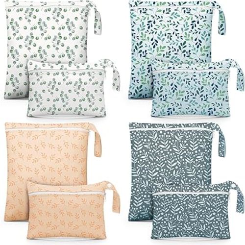 Reginary 8 Pack Wet Dry Bags Large & Small Waterproof Reusable Travel Zipper Pouches for Baby Diapers Family Wet Clothes Beach Swimsuits Toiletries(2 Sizes,Leaf,Multicolor)