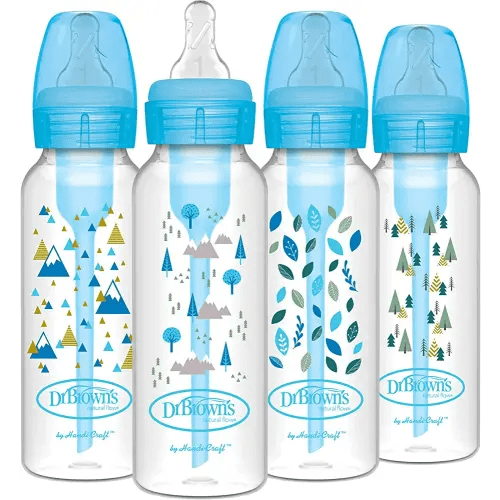 Dr. Brown's Natural Flow Anti-Colic Options+ Narrow Baby Bottles, Nature Designs, 8oz/250mL, with Level 1 Slow Flow Nipples 4-Pack, Blue, 0m+