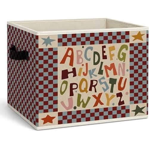 ABC Alphabet Kids Storage Bin - Red & Blue Checkered Canvas Toy Box with Handles, Educational Nursery Basket for Clothes & Books, Foldable Decorative Organizer for Toddler Room