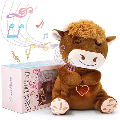 Highland Cow Plush Baby Sleep Soother - Heartbeat Stuffed Animal with Calming Light, White Noise, Shush, and Mother's Heartbeat for Newborns, Boys & Girls