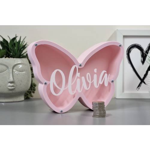 Pink Butterfly Piggy Bank Made of PLA Plastic - Personalized money box for Kids - Perfect Gift Idea for Girls