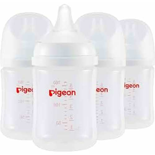 Pigeon PP Nursing Bottle Wide Neck, Streamlined Body, Natural Feel, Easy to Clean, 5.4 Oz (Pack of 4), Includes 4pcs SS Nipples (0m+)