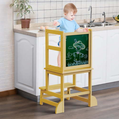 G TALECO GEAR Toddler Kitchen Stool Helper, Step Stool for Kids with Chalkboard Safety Rail for Toddlers 18 Months and Older,Wood, Natural