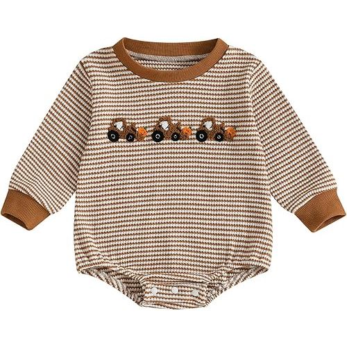 MERSARIPHY Newborn Baby Girl Boy Halloween Outfits Long Sleeve Stripe Waffle Knit Pumpkin Bubble Romper Fall Winter Clothes