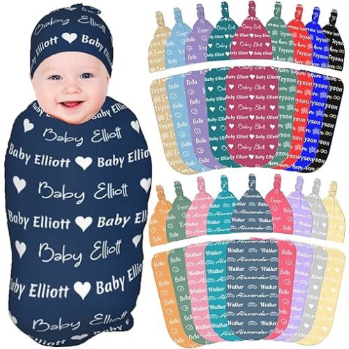 Personalized Baby Blanket and Hat Custom Sleep Sack with Name for Boys and Girls Sleepsack Swaddle Blanket Customized Gifts for Newborn Baby Toddler Infant