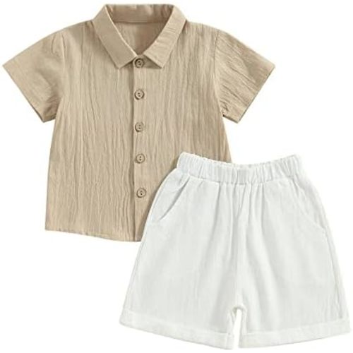 Gueuusu Baby Boy Girl Summer Clothes Toddler Cotton Linen Short Sleeve Button Up Dress Shirt Pocket Shorts Set 2PCS Outfit