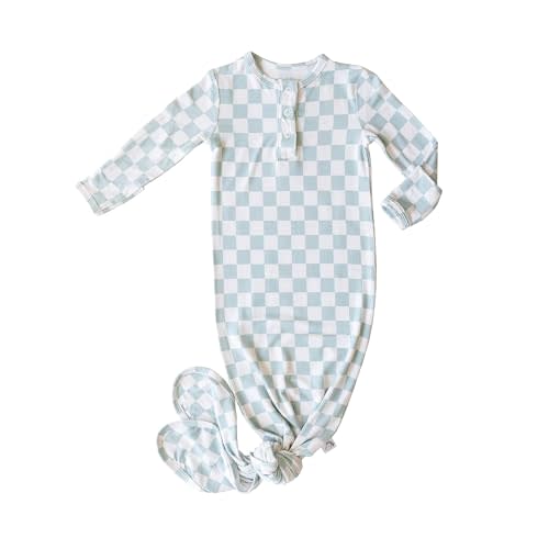 Upton Ave Checkered Knotted Gown Baby Newborn, Viscose derived from Bamboo, Infant Sleeper with Mittens, Baby Girl, Baby Boy