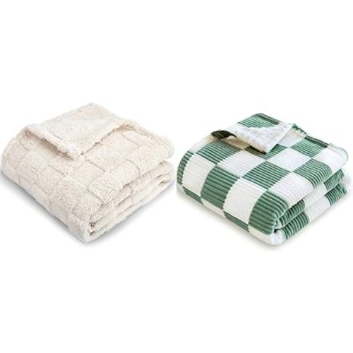 HOMRITAR 2 Pack 3D Gingham Fleece Baby Blanket for Girls Boys Cream + Corduroy Toddler Blanket with Double Layer 3D Square Grid Backing Sage Green 30 x 40 Inch