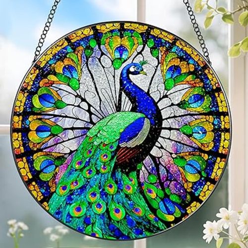 8 Inch Stained Glass Suncatcher Ornament, DOUHASU Peacock Sun Catchers Indoor Window, Stained Glass Window Hanging, Home Decor, Peacock Lovers for Mom, Grandma, Friend, Bestie, Couple