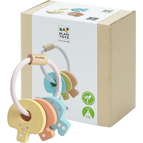 PlanToys® Wooden Pastel Baby Key Rattle | Montessori Sensory Toy for Newborns, Infants & Toddlers | Eco-Friendly Wooden Baby Toy for Fine Motor Skills, Visual & Auditory Development