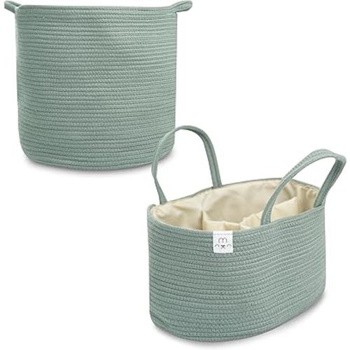 Natemia Large Rope Storage Basket and Cotton Rope Diaper Caddy - Nursery Bin and Toy Organizer Laundry Basket, Basket for Towels, Pillows and Blankets, Perfect Baby Registry Gift-Lily Pad