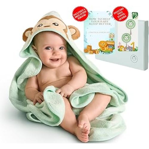 Bamboo Baby Towels with Hood – Mint Green 35x35” | Ultra-Soft Rayon from Bamboo & Cotton Bath Wrap | Adorable Monkey Hood for Newborns, Infants & Toddlers for Boys & Girls