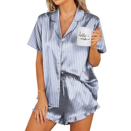 Ekouaer Womens Satin Pajamas Set Button Down 2 Piece Silk Pjs Shorts Set Ruffle Lingerie Notch Collar Sleepwear