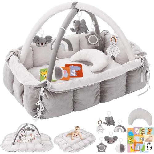 5-in-1 Plush Baby Play Gym & Activity Mat, Baby Play Mats, Baby Gym with Convertible Design, Tummy Time Mat with Pillow, 6 Sensory Toys for Newborn to Toddler, Grey