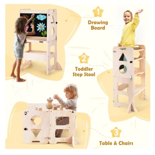 4-in-1 Toddler Kitchen Step Stool, Foldable Learning Standing Tower with Blackboard, Wooden Kitchen Stool Helper for Kids, 1-3 Year Old Boy Girl Gifts