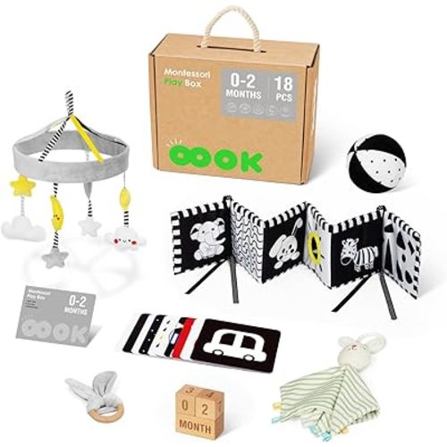 Baby Toys 0-3 Months Montessori Toys Set, Newborn Toy Includes Soft Baby Book, Black and White Cards, Monthly Milestone, Rabbit Security Blanket and Vision Training Ball etc
