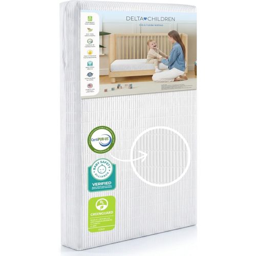 Delta Children Sweet Beginnings Dual Sided Baby Crib Mattress and Toddler Mattress, GREENGUARD Gold and CertiPUR-US Certified, Firm Plant-Based Foam, Waterproof, 5 Year Warranty, Made in USA, White