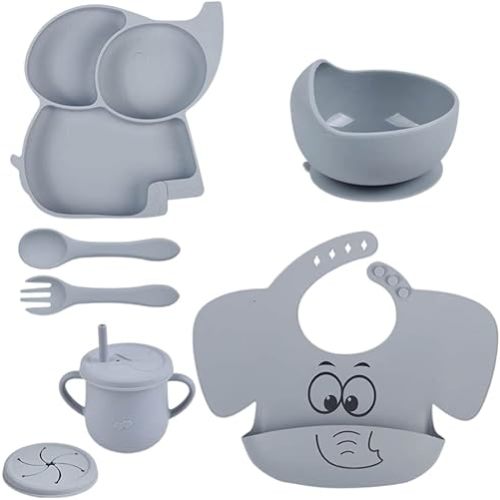 Silicone Baby Feeding Set | Baby Led Weaning Supplies | Baby Feeding Supplies | Toddler Silicone Dishes | Suction Plate and Bowl, Bib, Straw and Snack Cup, Utensils. Set of 6 (Gray)
