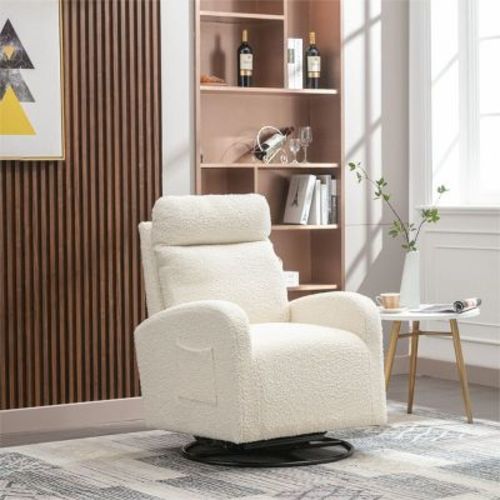 Rocking Chair with Swivel Glider,Accent Linen Fabric Armchair,Wingback Armchair with Side Pocket,Upholstered Rocking Chair for Nursery-Cuddlewood, Color: White teddy