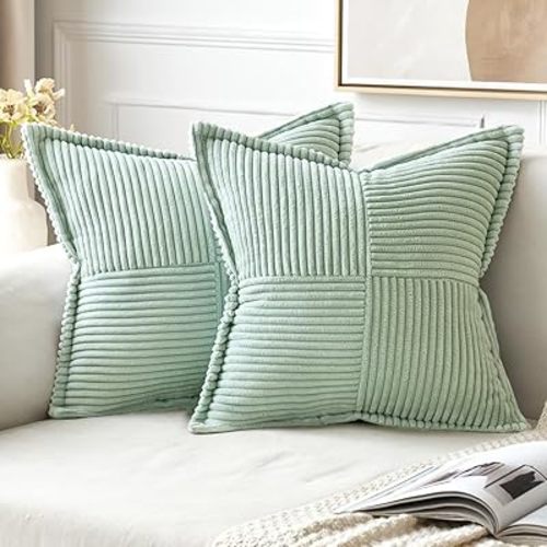 MIULEE Mint Green Corduroy Pillow Covers 18x18 inch with Splicing Set of 2 Super Soft Boho Striped Pillow Covers Broadside Decorative Spring Textured Throw Pillows for Couch Cushion Bed Livingroom