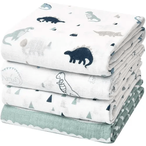 david's kids 4 Pack Baby Muslin Swaddle Blankets, 100% Cotton and Ultra Soft Breathable Receiving Blanket Wrap for Boys Girls, New Born Essentials, Large 47 x 47 inches, Dinosaur