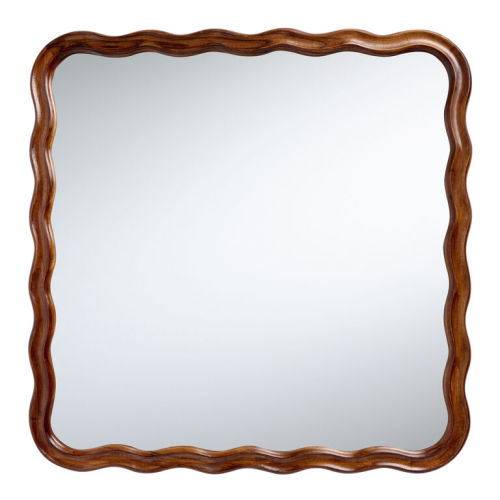 Square Walnut Acacia Wood Scalloped Wall Mirror