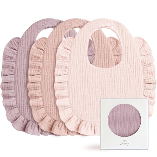 Konssy Muslin Baby Bibs for Girls – Soft 100% Cotton Drool Bibs, Ruffle Trim for Newborns & Toddlers 0-36 Months 3-Pack