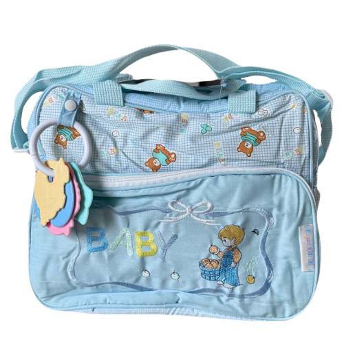 Vintage Rare New Precious Moments Style Blue Boy Medium Diaper Bag with Bonus Teething Toy Ring Elegant Kids 2000 Baby Shower Gift