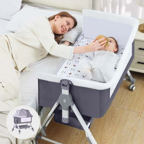 MONEHANE Baby Bassinet, 4 in 1 Infant Bedside Crib with Storage Basket and Wheel &Changing Table, Adjustable Infant Cradle, Gray