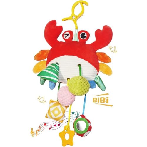 Crab Baby Toy - Clip-On Hanging Sensory Toy for Car Seat, Stroller, Gym with Squeaker, Crinkle, Rattle, Mirror & Teether | Soft Plush 18 Months Infant Developmental Toy for Tummy Time (Red)