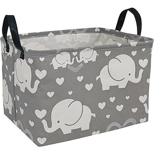Rectangle Canvas Storage Basket with Handle Large Organizer Bins for Dirty Laundry Hamper Baby Toys Nursery Kids Clothes Gift Basket (REC-love elephant)