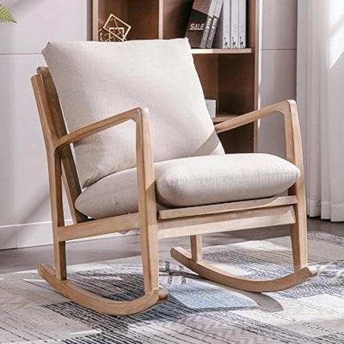 ANJHOME Mid Century Accent Rocking Chair, Rocker Chair Glider Chair for Nursery, Modern Nursing Comfy Chairs for Mom Seniors Rocking Armchair for Living Room (1, Beige)