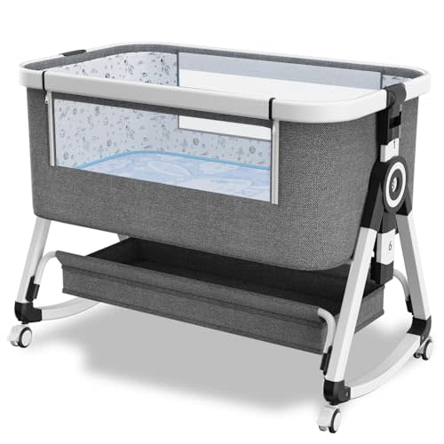 3 in 1 Baby Bassinet,Bedside Sleeper with Storage Basket and Wheels,Portable Baby Crib with Mosquito Net, 6 Adjustable Height & Breathable Mesh,Easy to Fold (White&Grey)